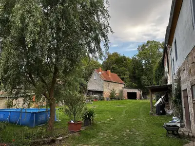 Garten mit Trauerweide und Pool