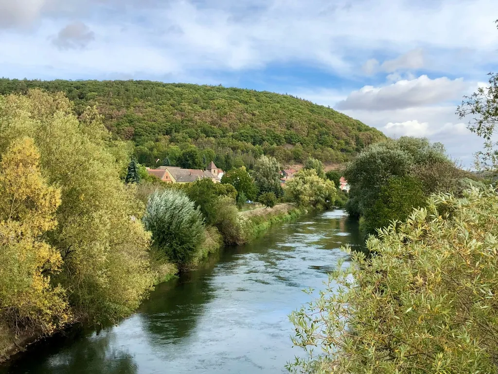 Flusstal mit Bäumen und Hügeln im Sommer