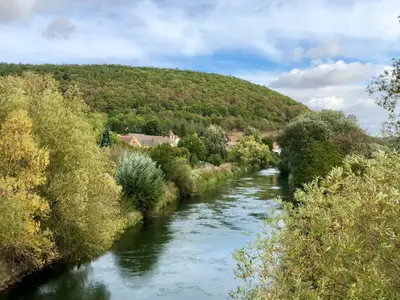 Flusstal mit Bäumen und Hügeln im Sommer