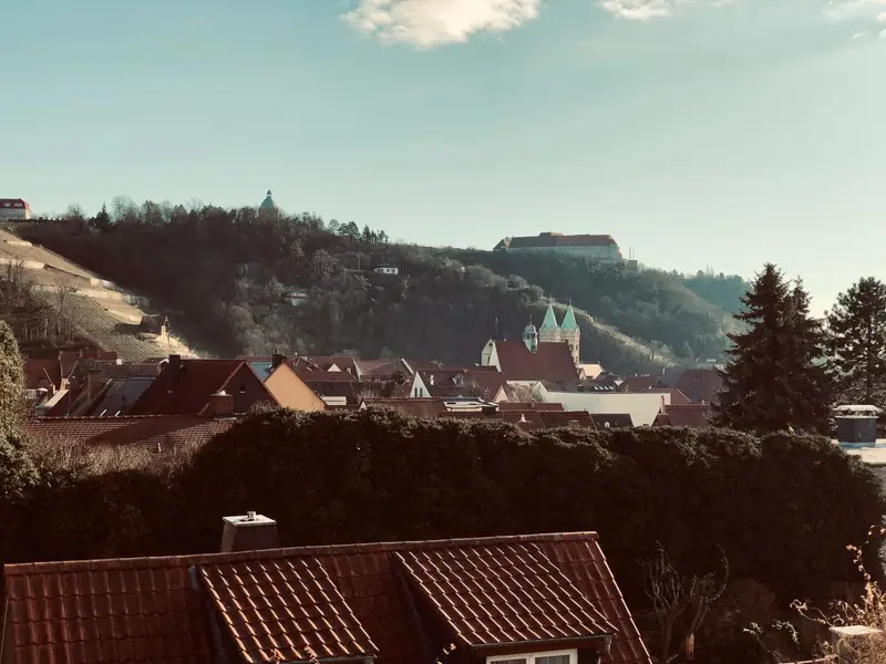 Stadtansicht mit Kirchtürmen und Burg auf dem Hügel